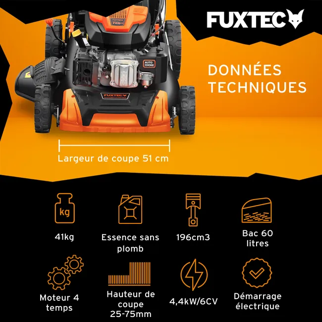 Tondeuse thermique autotractée démarrage électrique vitesse réglable 196cm3 51cm - FUXTEC FX-RM5196esPRO - 6CV 60L – Image 2