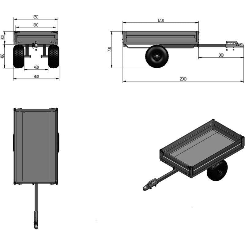 Remorque simple essieu 350kg benne galvanisée basculante 1200x850x300 mm Torros – Image 4
