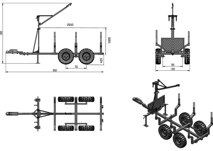 Remorque forestière double essieux 4 roues 1400kg 1800-2650x1300x1000mm avec grue de levage Torros – Image 5
