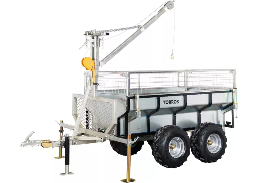 Remorque double essieux 4 roues 1400kg benne galvanisée basculante + grue 2000x1070x580 mm Torros – Image 2