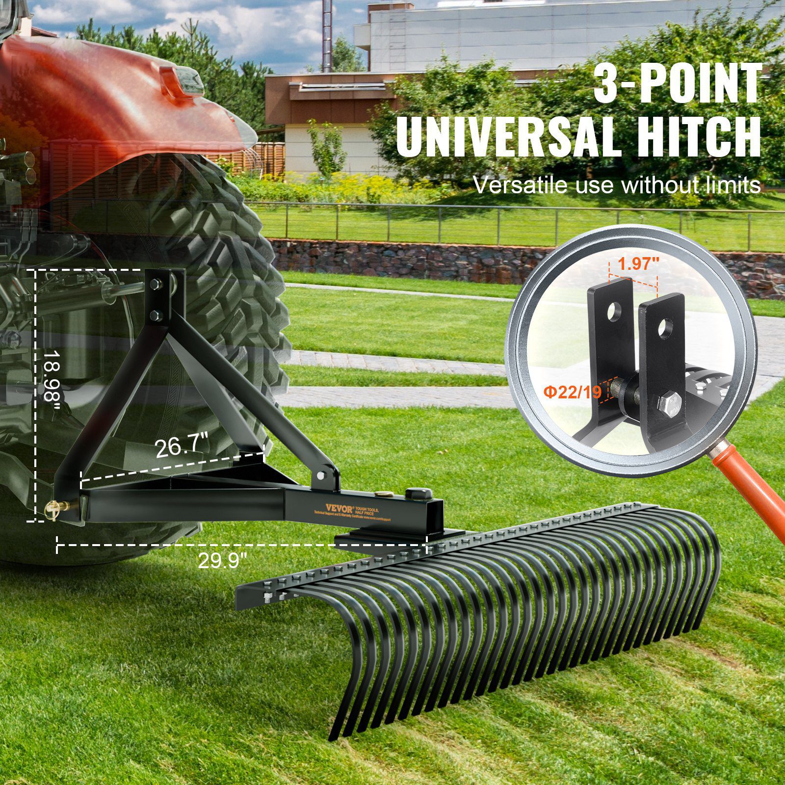 VEVOR Râteau déchaumeur à gazon à 3 points catégorie 1 1525 mm avec accessoires – Image 4